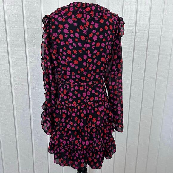 Dee Elly Floral Ruffle Mini Dress XL Long Sleeve V Neck Tiered Black Romantic - Picture 7 of 10